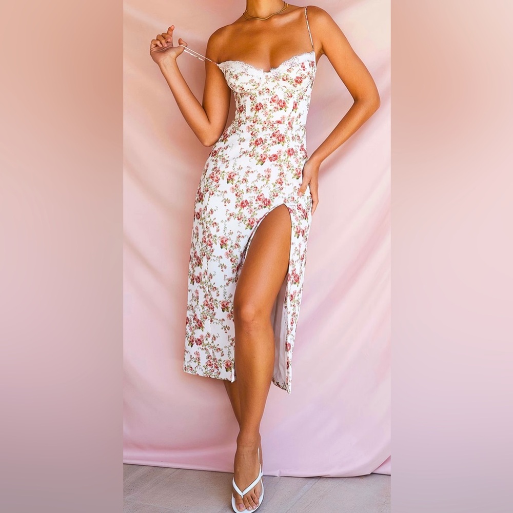 HOUSE OF CB CHARLOTTE  ROSE PRINT CORSET MIDI SUNDRESS NWOT